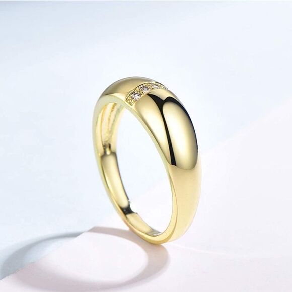 14k Gold Dome Ring with Zircon Diamond Inlay - Picture 2 of 4